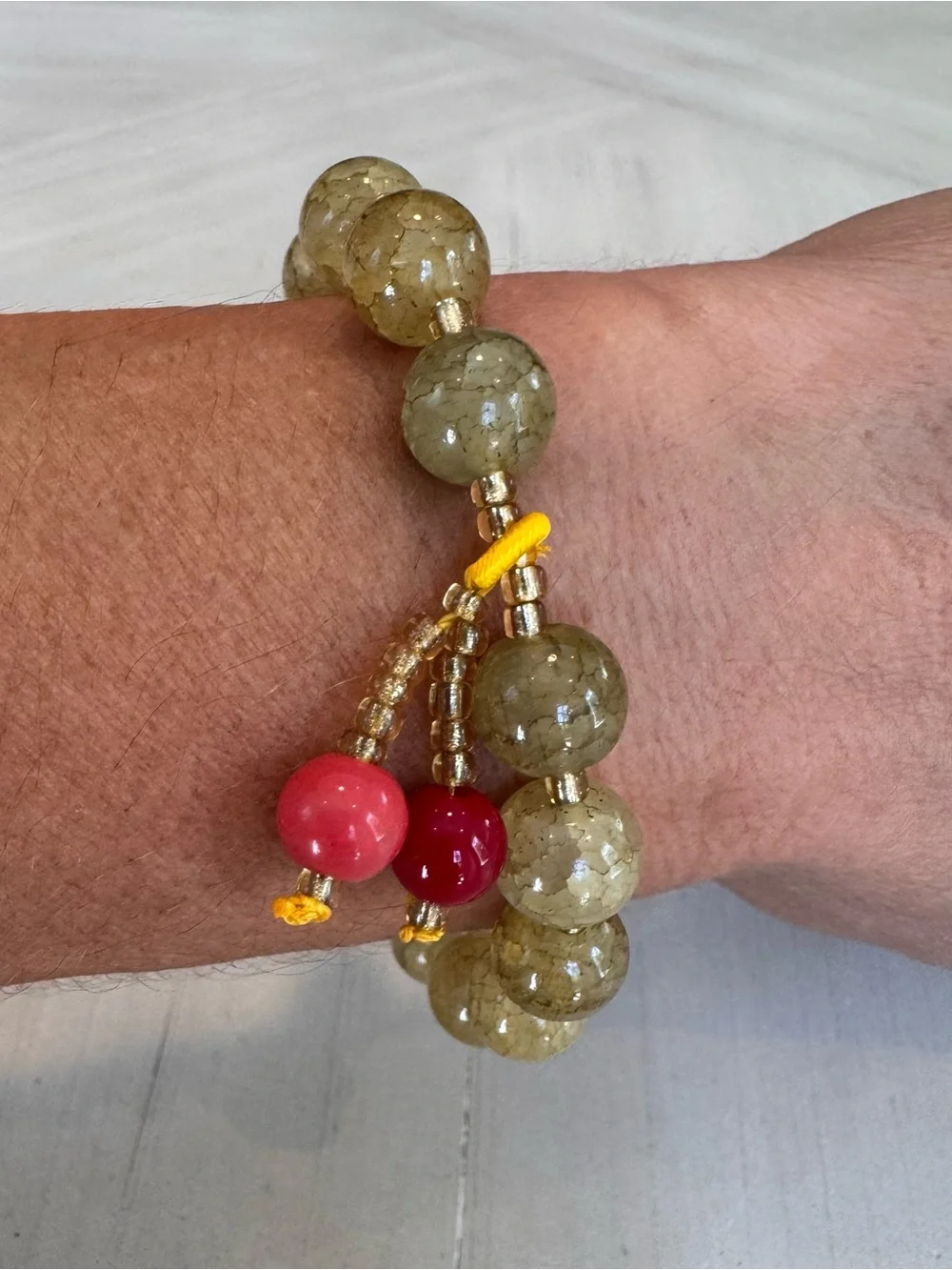 Green & Brown Dragon Vein Agate-Style Beaded Stretch Bracelet w/Red Dangle Charm